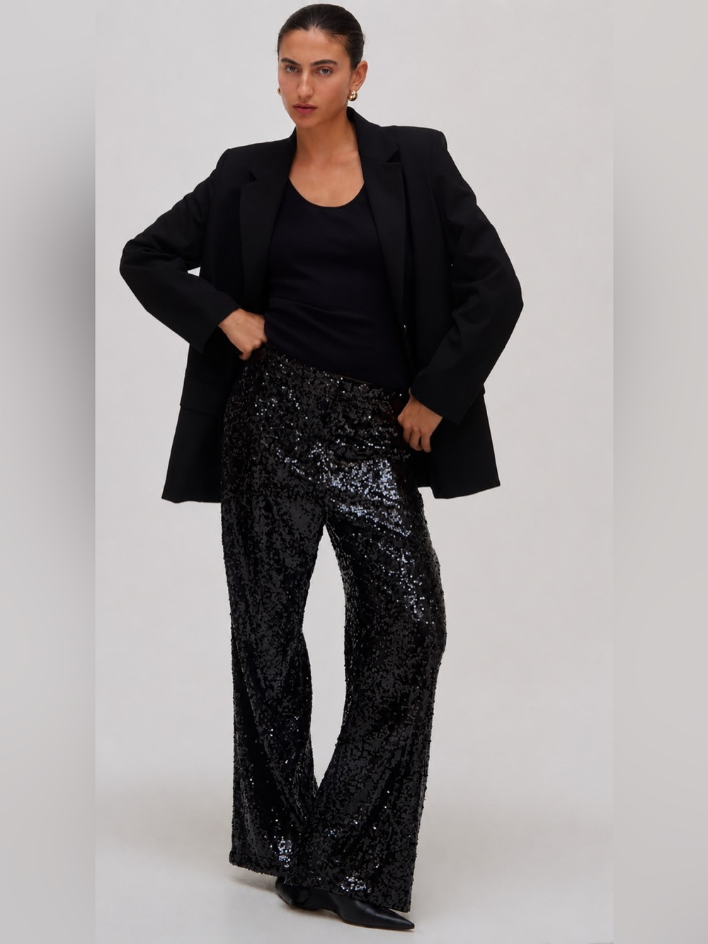 H&M Black Sequin Flare Evening Pants Sz 8